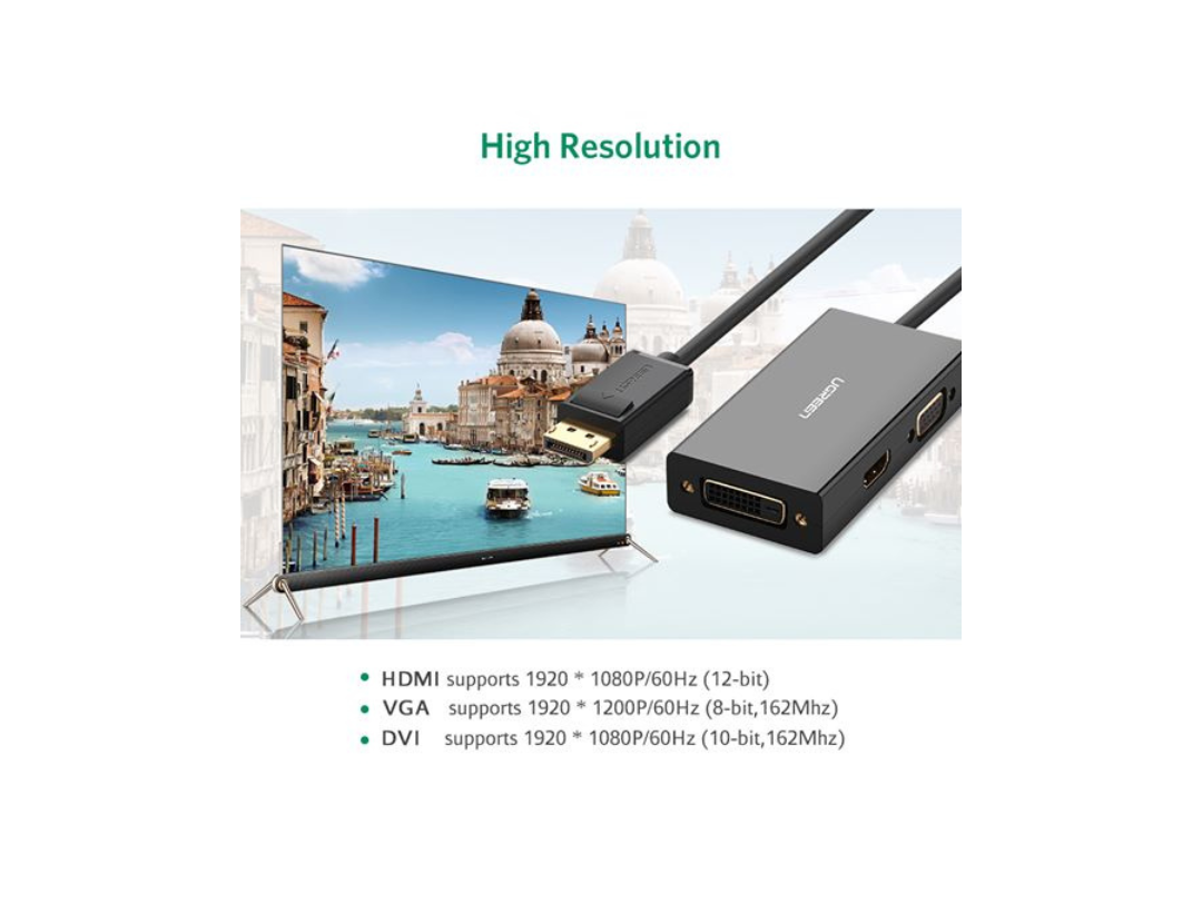 محول 3 في 1 من منفذ DisplayPort DP إلى HDMI VGA DVI بدقة 4K من ذكر إلى أنثى DP110-20420 من uGreen محول 3 في 1 من منفذ DisplayPort DP إلى HDMI VGA DVI بدقة 4K من ذكر إلى أنثى DP110-20420 من uGreen